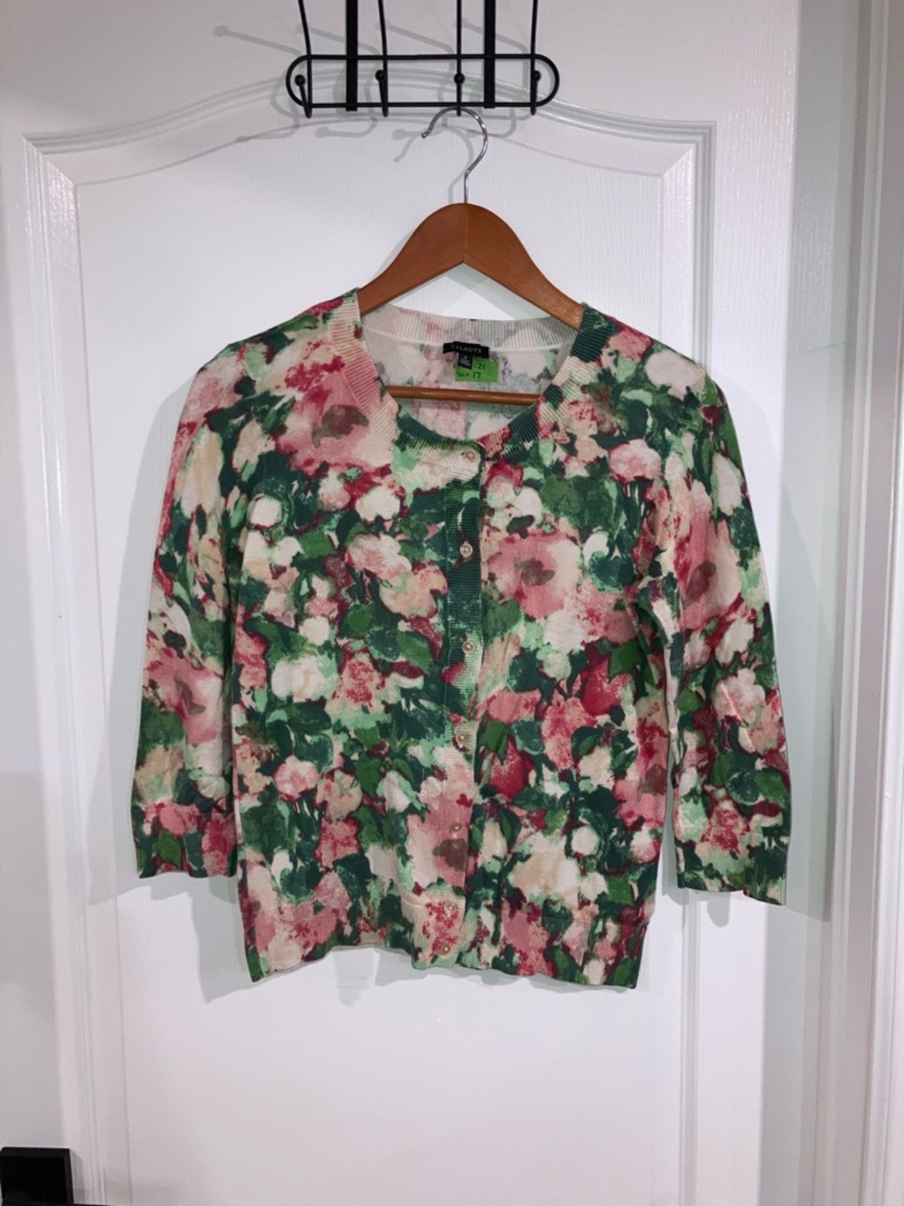 Talbots Pink & Green Floral 3/4 Sleeve Button Up Cardigan - size S